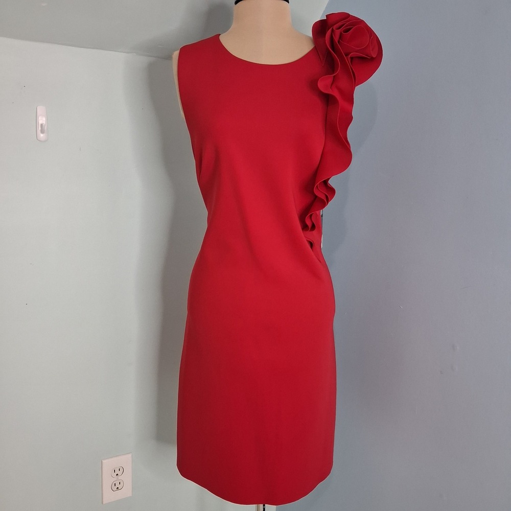 JW Jason Wu Scuba Red Ruffle Floral Shoulder Sleeveless Sheath Dress Large NWT